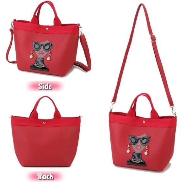 Quirky Lady Face Handbag - PU Leather Satchel, Top Handle Shoulder Bag-Red - Picture 3 of 6
